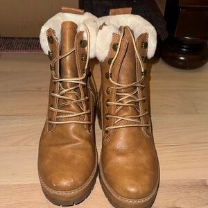 Madden Girl Cognac Lace-Up Faux-Fur Collar Boots